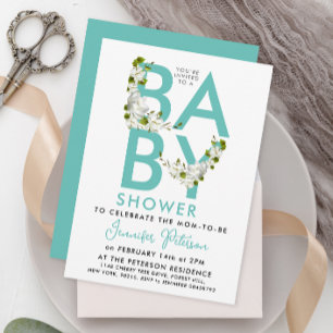 Modern Pastel Aqua Turquoise Baby Floral Bold Typo Invitation