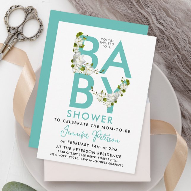 Modern Pastel Aqua Turquoise Baby Floral Bold Typo Invitation (Creator Uploaded)