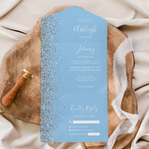 Modern Pastel Baby Blue Silver Glitter Wedding All In One Invitation