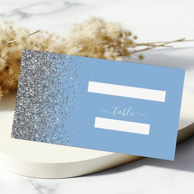 Modern Pastel Baby Blue Silver Glitter Wedding Place Card (Creator Uploaded)