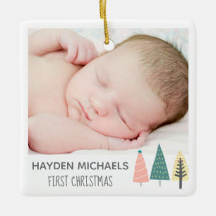 Modern Pastel Baby's First Christmas Custom Photo Ceramic Ornament