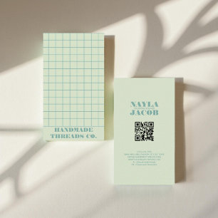Modern Pastel Blue Checkered Pattern QR Code Business Card