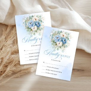 Modern Pastel Blue Floral Gold Wedding RSVP Card