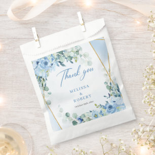 Modern pastel blue flowers eucalyptus gold frame favour bags