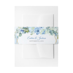 Modern pastel blue flowers gold frame eucalyptus invitation belly band