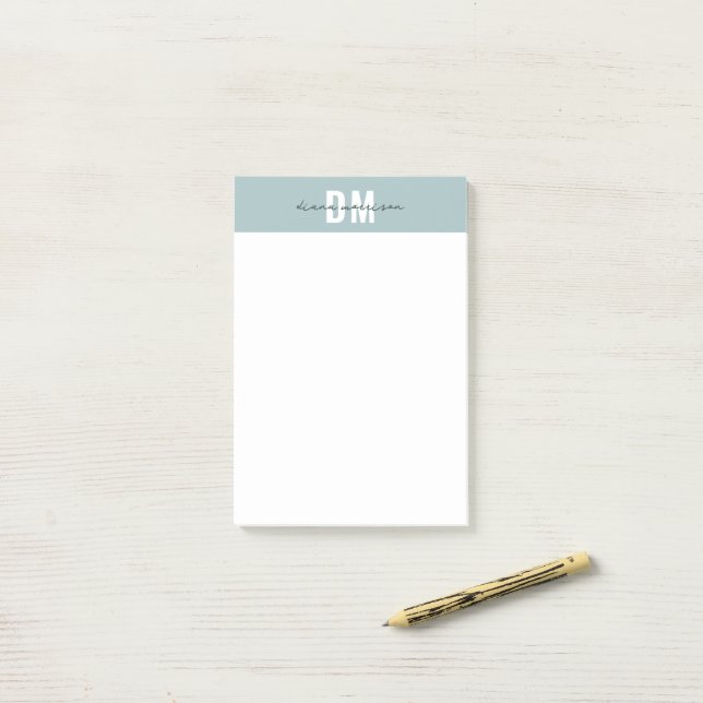 Modern Pastel Blue &  Initial Script Monogrammed Post-it Notes (On Desk)