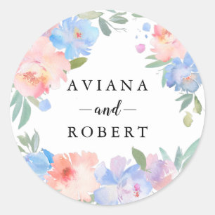 Modern Pastel Blue Pink Wreath Wedding Favour Classic Round Sticker