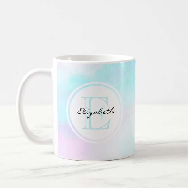 Modern Pastel Blue & Purple Watercolor Monogram Coffee Mug (Left)