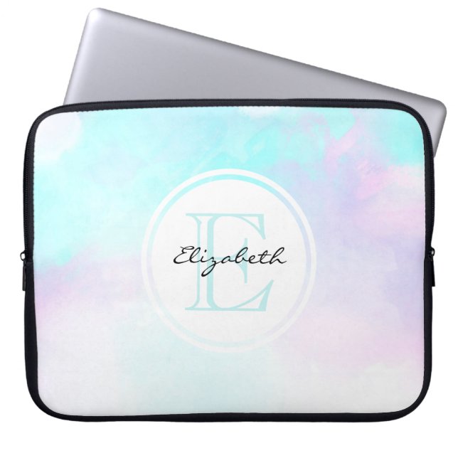 Modern Pastel Blue & Purple Watercolor Monogram Laptop Sleeve (Front)