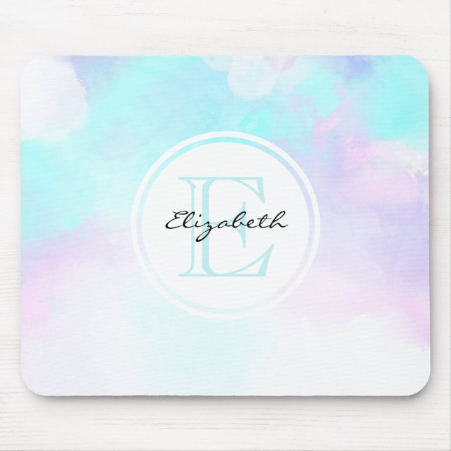 Modern Pastel Blue & Purple Watercolor Monogram Mouse Mat (Front)