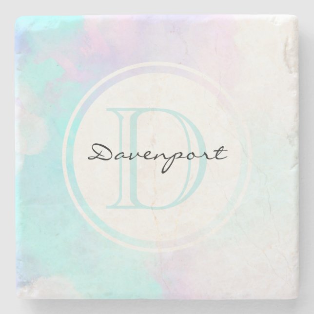 Modern Pastel Blue & Purple Watercolor Monogram Stone Coaster (Front)