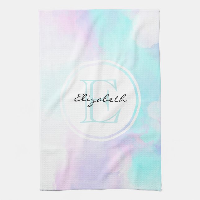 Modern Pastel Blue & Purple Watercolor Monogram Tea Towel (Vertical)