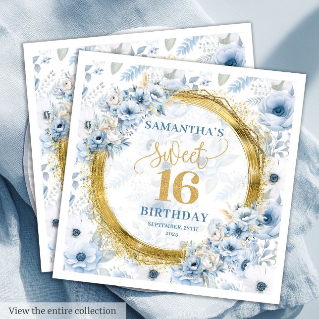 Modern Pastel Blue Sweet 16 Gold Glitter Party  Napkin (Modern Pastel Blue Sweet 16 Gold Glitter Party Napkins)