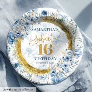 Modern Pastel Blue Sweet 16 Gold Glitter Party Paper Plate