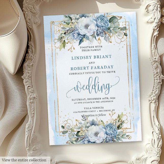 Modern Pastel Blue White Gold Flowers Wedding Invitation (Modern Pastel Blue White Gold Flowers Wedding Invitation )