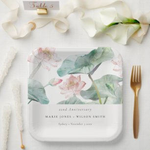 Modern Pastel Blush Waterlily Any Year Anniversary Paper Plate