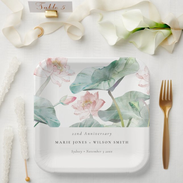 Modern Pastel Blush Waterlily Any Year Anniversary Paper Plate (Wedding)