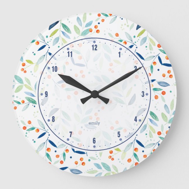 Modern Pastel Botanical Leafs & Berries Pattern Large Clock (Front)
