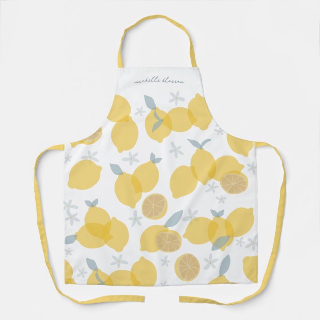 Modern Pastel Citrus Lemons Pattern Custom Name Apron (Front)