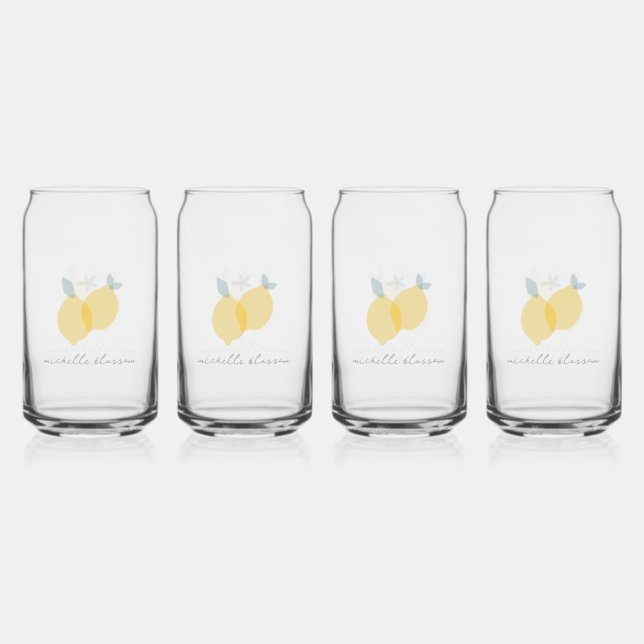 Modern Pastel Citrus Lemons Pattern Custom Name Can Glass (Front)