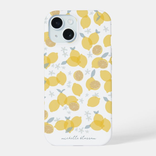 Modern Pastel Citrus Lemons Pattern Custom Name iPhone 15 Case (Back)