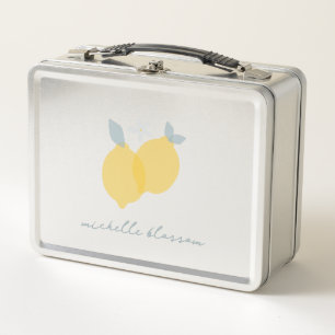 Modern Pastel Citrus Lemons Pattern Custom Name Metal Lunch Box