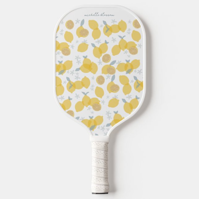 Modern Pastel Citrus Lemons Pattern Custom Name Pickleball Paddle (Front)