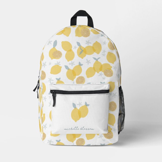 Modern Pastel Citrus Lemons Pattern Custom Name Printed Backpack (Front)