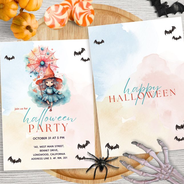Modern Pastel Colourful Pink Witch Halloween Party Invitation (Creator Uploaded)