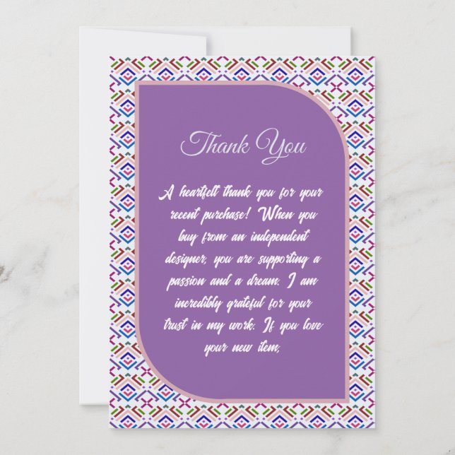 Modern Pastel Ethnic Geometric Diamond Pattern Thank You Card (Back)