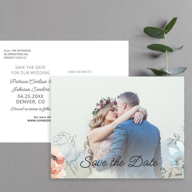 Modern pastel floral line drawing photo wedding announcement postcard (Creator Uploaded)