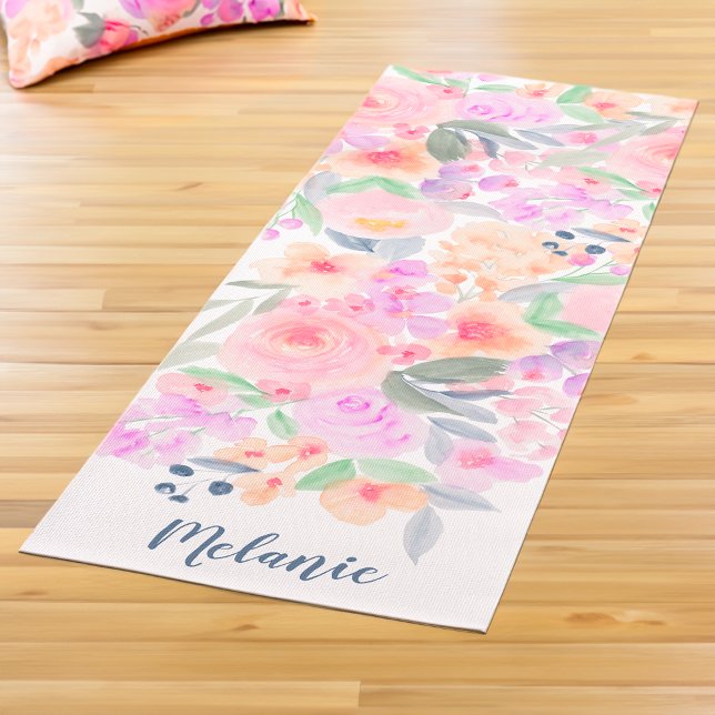 Modern pastel floral watercolor name monogram yoga mat (Modern pastel floral watercolor name monogram yoga mat)