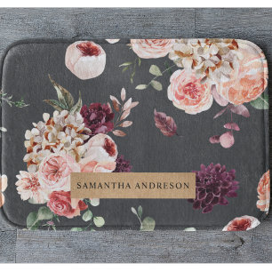 Modern Pastel Flowers & Kraft Black Bath Mat