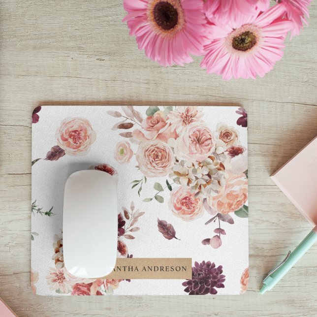 Modern Pastel Flowers & Kraft Personalised Gift Mouse Mat (Creator Uploaded)