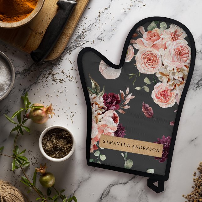Modern Pastel Flowers & Kraft Personalised Gift Oven Mitt & Pot Holder Set (Creator Uploaded)