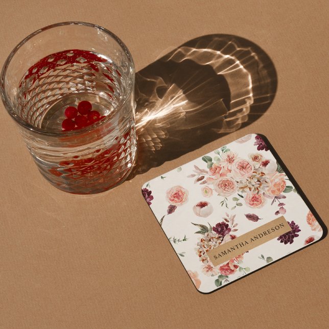 Modern Pastel Flowers & Kraft Personalised Gift Square Paper Coaster (Creator Uploaded)