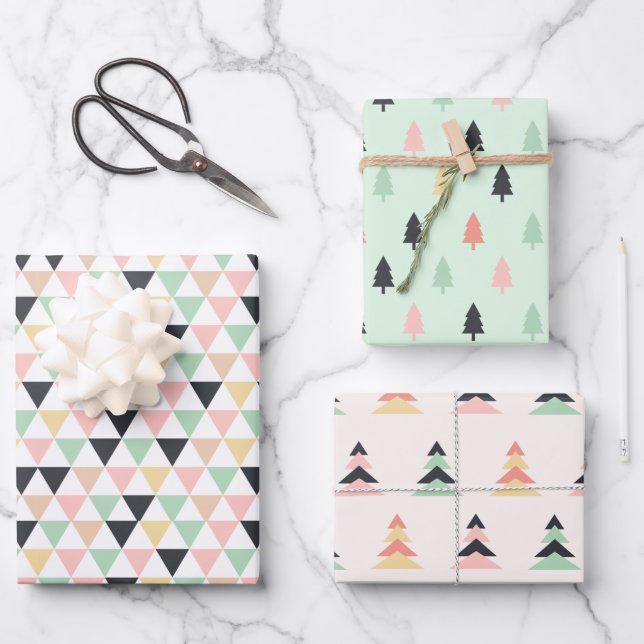 Modern Pastel Geometric Christmas Trees Pattern Wrapping Paper Sheet (Front)