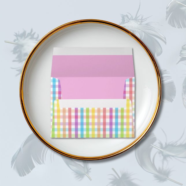 Modern Pastel Gingham Rainbow Baby Shower Pink A7 Envelope (Creator Uploaded)