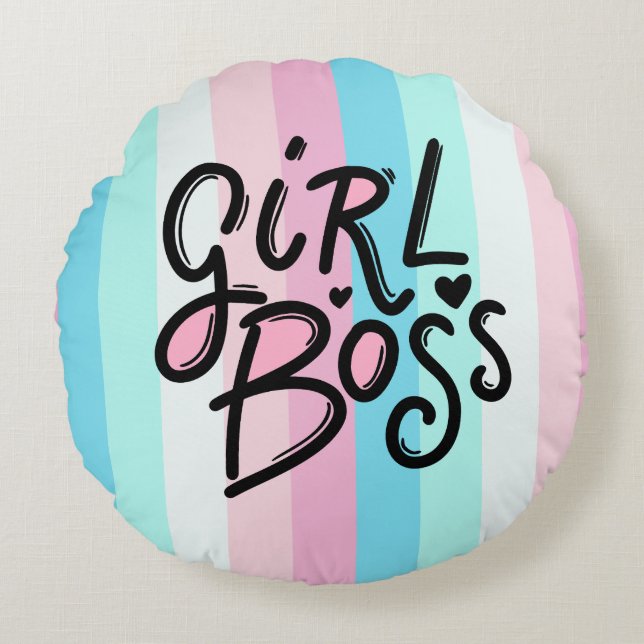 Modern Pastel GIRL BOSS | Retro Typography Round Cushion (Front)