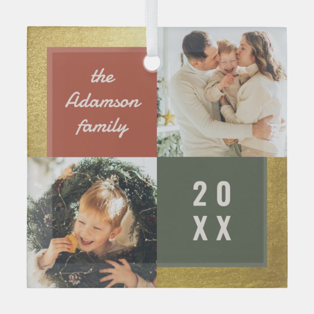 Modern Pastel & Gold Christmas 2 Photo Collage Glass Tree Decoration (Front)