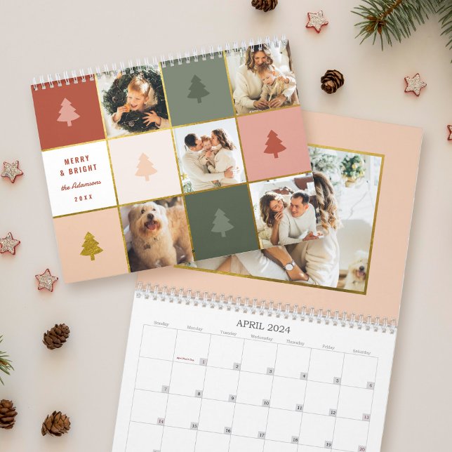 Modern Pastel & Gold Christmas Tree Photo Collage Calendar (Creator Uploaded)