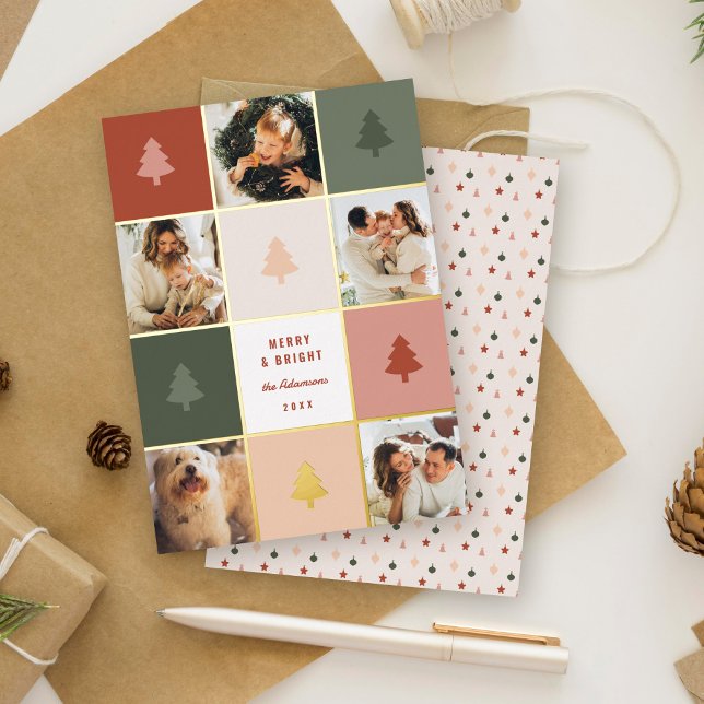 Modern Pastel & Gold Christmas Tree Photo Collage Foil Holiday Card (Creator Uploaded)