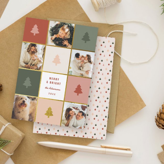 Modern Pastel & Gold Christmas Tree Photo Collage Holiday Card (Creator Uploaded)