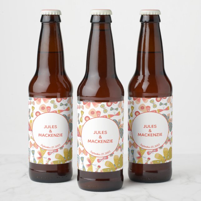 Modern Pastel Graphic Butterfly Pattern Beer Bottle Label (Bottles)