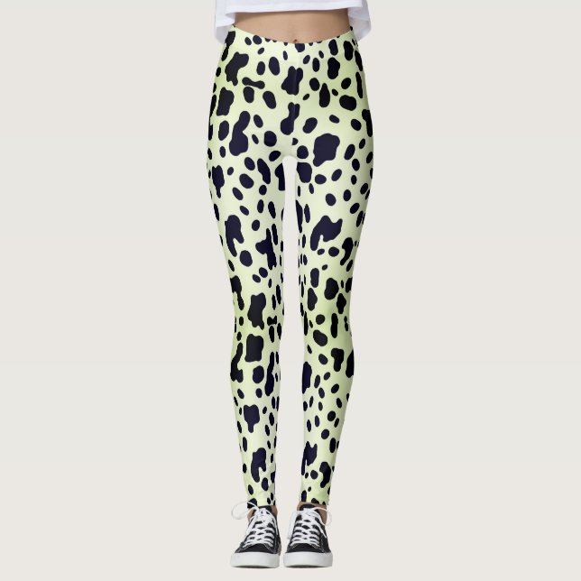 Modern Pastel Green Black Cow Skin Spots Pattern  Leggings (Front)