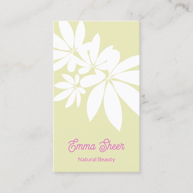 Modern Pastel Green Leaves Branch Pink Script Business Card (Front)