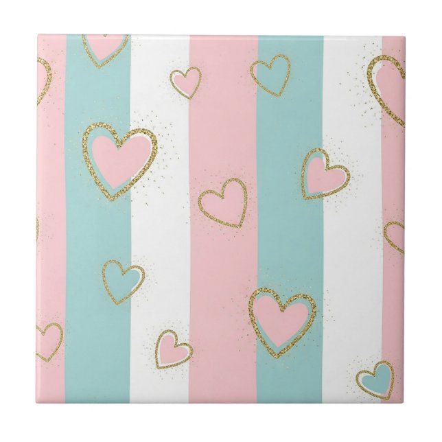Modern Pastel Hearts with Subtle Gold Highlights Tile (Front)