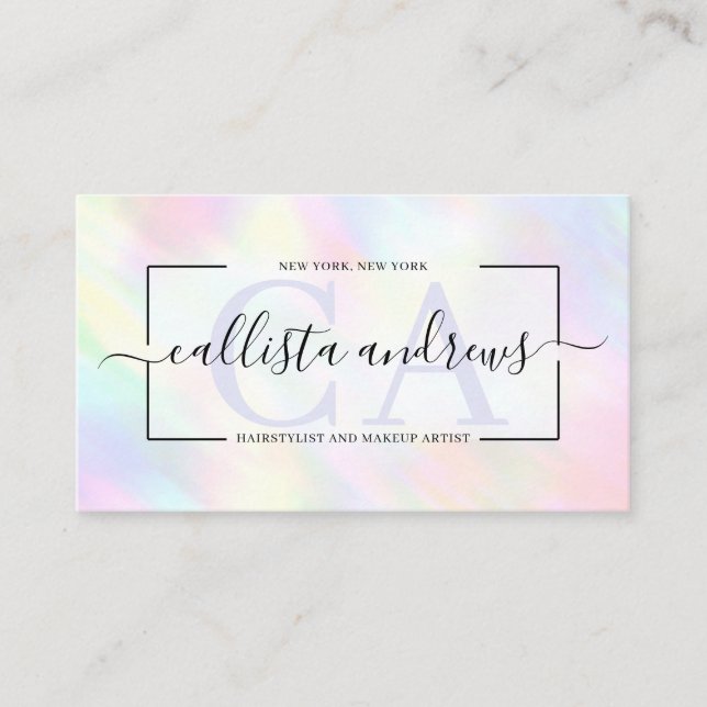 Modern Pastel Holographic Rainbow Signature Script Business Card (Front)