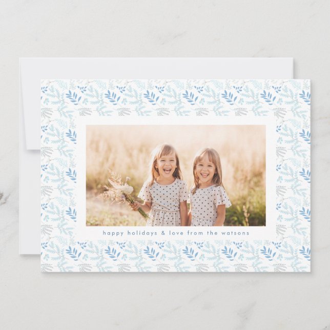 Modern Pastel Leaves Photo Custom Text Christmas Holiday Card (Front)