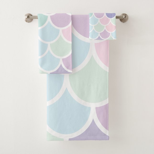 Modern Pastel Lovely Mermaid Pattern With Name Bath Towel Set (Insitu)